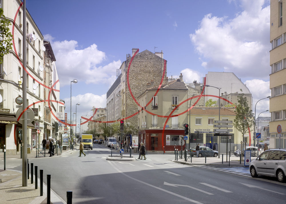Exposition : Felice Varini, Theatre de GenneviliersAvenue des Grésillons, Gennevilliers et Asnières-sur-Seine, 2012Photo : André Morin